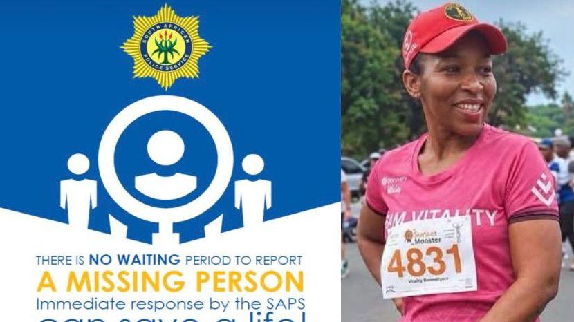 A poster from the South African police which reads: There is no waiting period to report a missing person, next to a photo of Elizabeth Moselakgomo. She is wearing a pink running top with a number pinned to it, along with a pink cap. She is smiling.