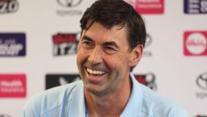 Stephan Fleming smiles during his first news conference as England head coach