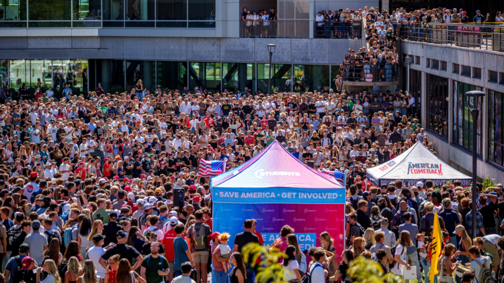 Picture of the event where Charlie Kirk was killed, showing crowds in a UVU courtyard on 10 September 2025