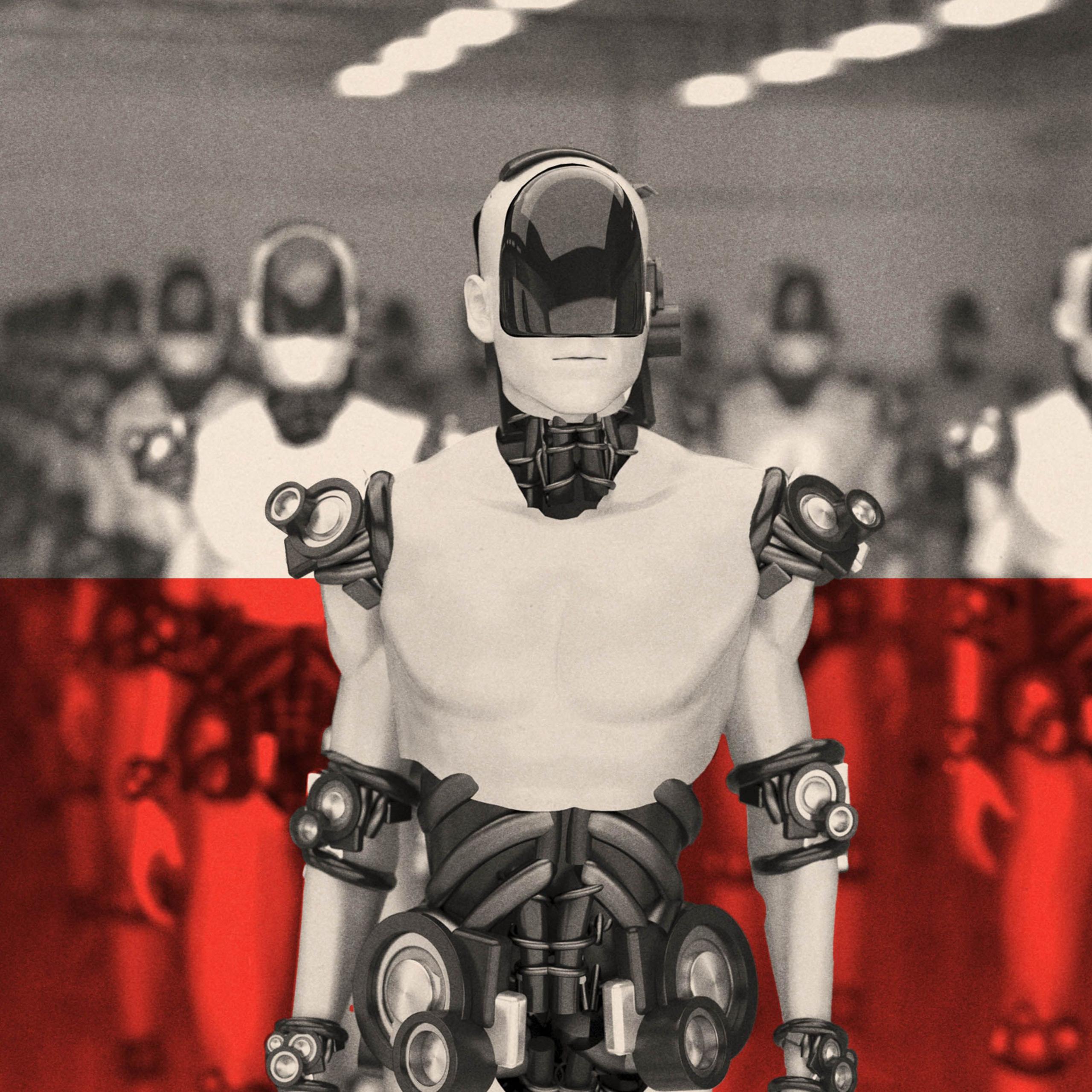 A human like robot figure with a line of robots behind him. The bottom half of the image is treated with a red glaze and the top is black and white