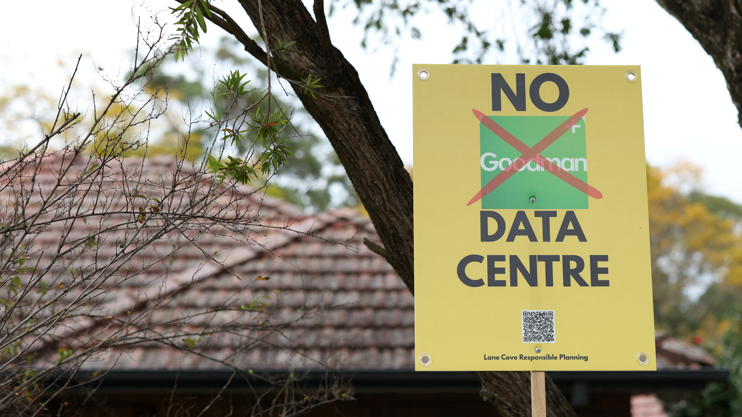 A sign reading “No Goodman Data Centre” is displayed outside a home in the suburb of Lane Cove, in Sydney, Australia, August 25, 2026