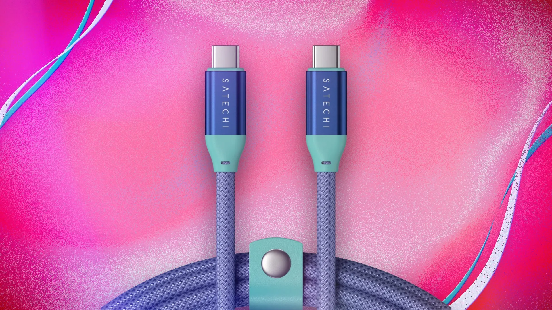 Satechi purple usb c cable on a pink background