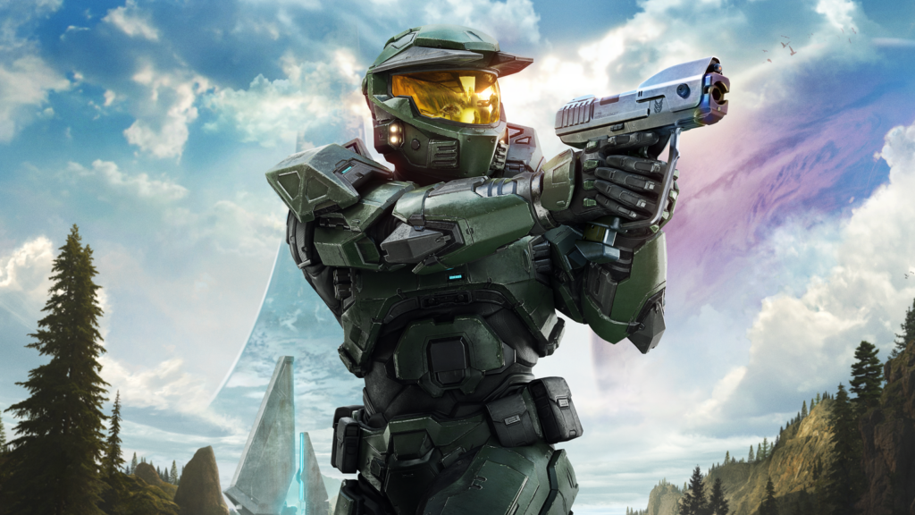An in-game screenshot of Master Chief from the Halo series in his trademark shell suit and helmet and holding a gun
