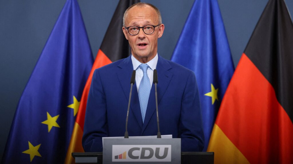 German Chancellor Friedrich Merz gives a statement after first exit polls of the Berlin and Mecklenburg Western Pomerania state elections, at the CDU headquarters in Berlin