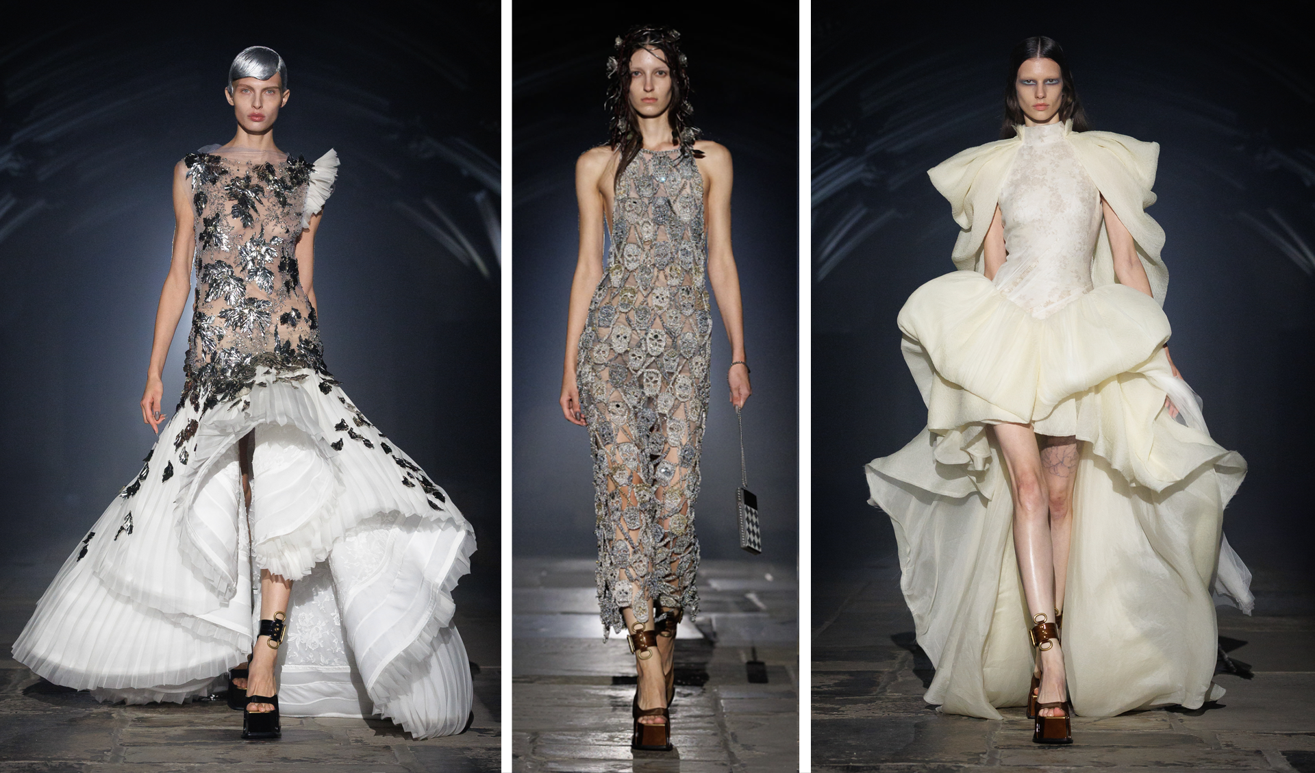 Models on the runway for McQueen’s London Fashion Week show at Lincoln's Inn Chapel