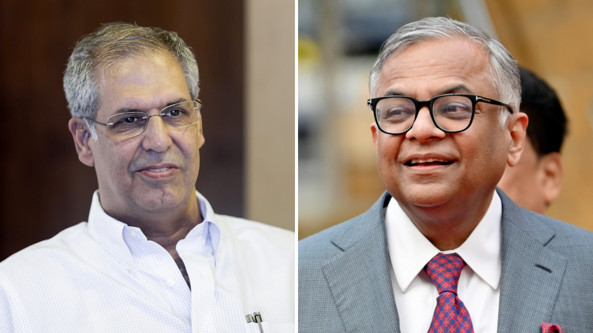A two-way composite of Noel Tata (chairman of Tata Trusts) wearing a white shirt and N Chandrasekaran (Chairman of Tata Sons) wearing a grey suit with a pink and blue tie and a white shirt.