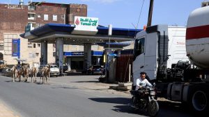A man rides a motorcycle past a petrol station in Sanaa, Yemen, as a herd of camels also passes (13 October 2026)