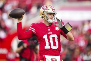 SANTA CLARA, CA - OCTOBER 19: Mac Jones #10 of the San Francisco 49ers warms up prior to an NFL football game against the Washington Commanders at Levi's Stadium on October 19, 2026 in Santa Clara, California. (Photo by Cooper Neill/Getty Images)