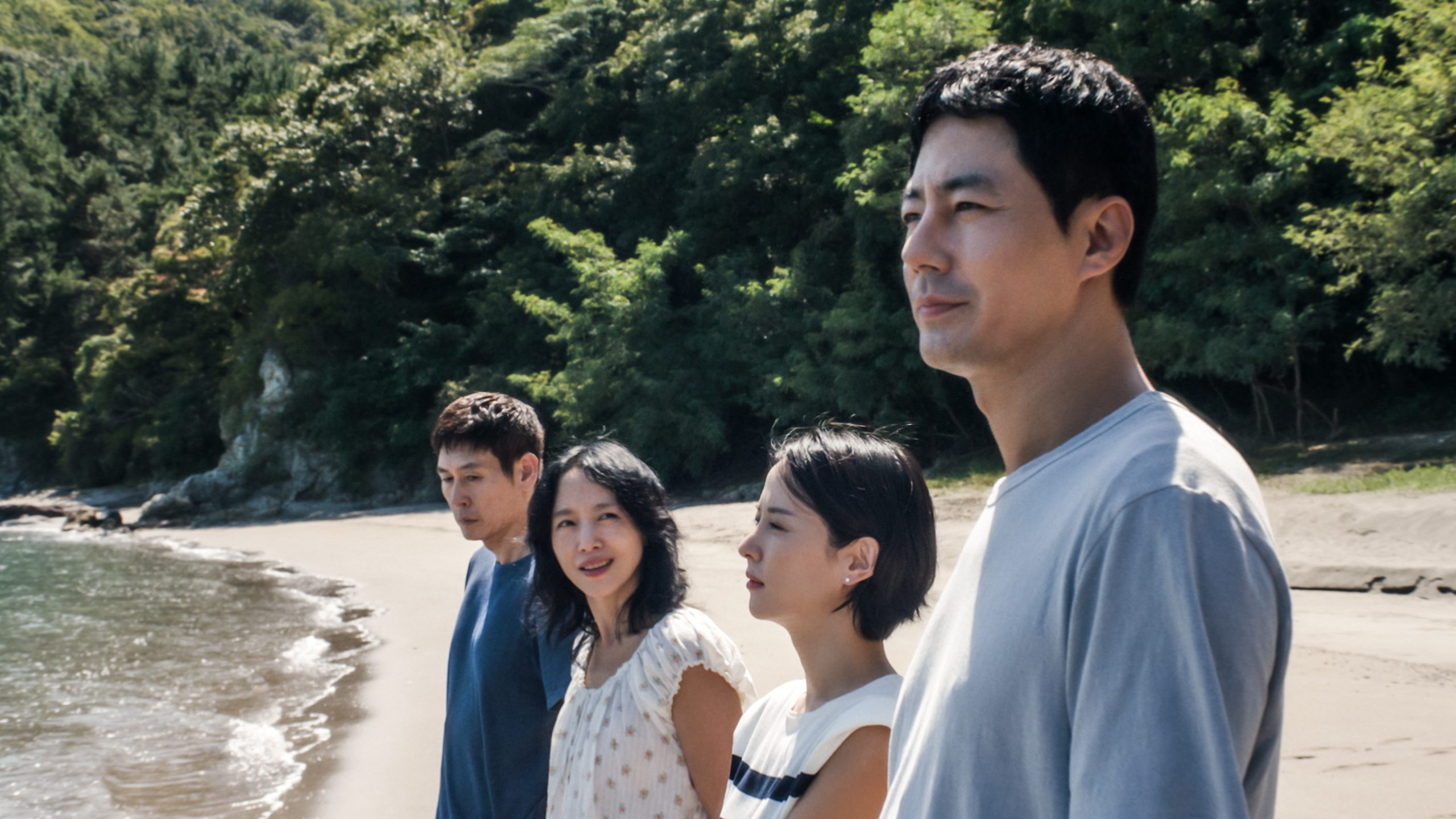 Sul Kyung-gu as Ho-seok, left, Jeon Do-yeon as Mi-ok, Cho Yeo-jeong as Ye-ji, Zo In-sung as Sang-woo in Possible Love. The film will release in select theaters Friday, and begin streaming on Netflix on Nov. 6