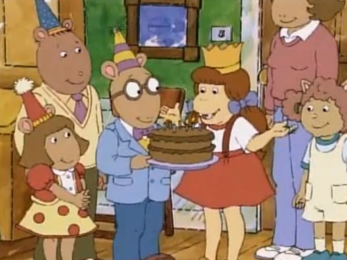 (From left) Dora Winifred "D.W." Read, Allen "The Brain" Powers, Arthur Read, Muffy Crosswire, Jane Read, and Sue Ellen Armstrong celebrating Arthur and Muffy