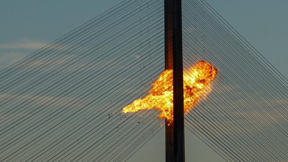 A Russian drone explodes after hitting cables of Kyiv's Pivdennyi bridge. Photo: 2 October 2026