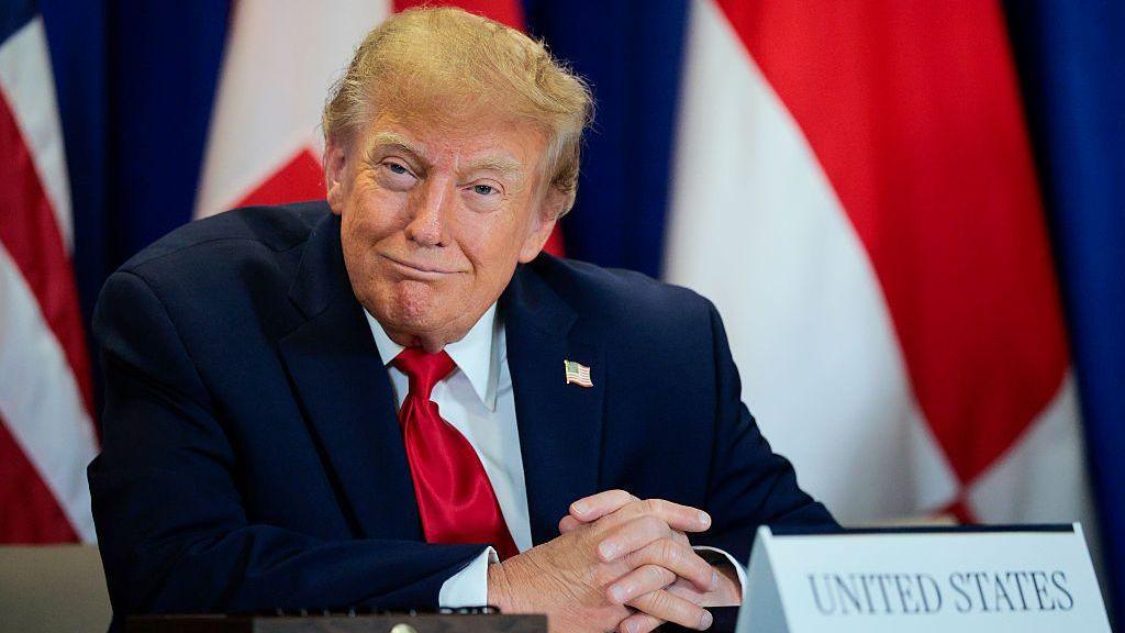 President Trump in a blue suit and red tie, which has an american flag pin badge on the jacket, sitting in front of white red and blue flag background. The word United States is in front of him.