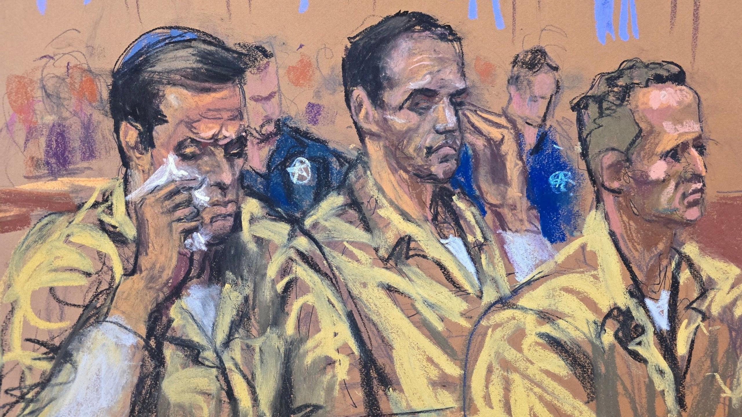 A court sketch shows real estate brokers Oren and Tal Alexander and their brother Alon in yellow prison unifoprms sitting in court. The brother on the left side is wiping a tear with a tissue.