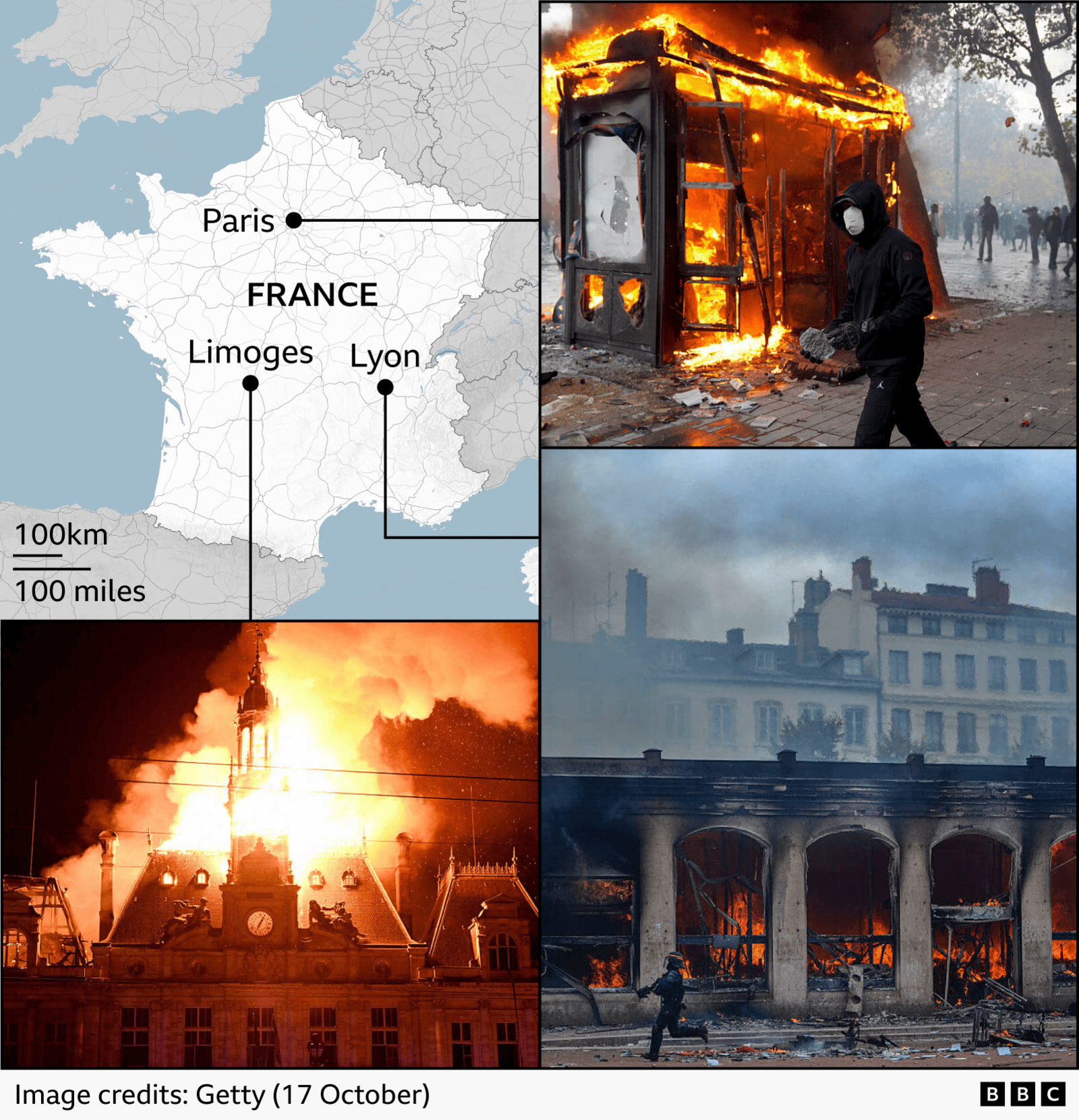 Map of France highlighting Paris, Lyon and Limoges alongside photographs showing unrest: a burning kiosk, a municipal building engulfed in flames, and a fire-damaged building.